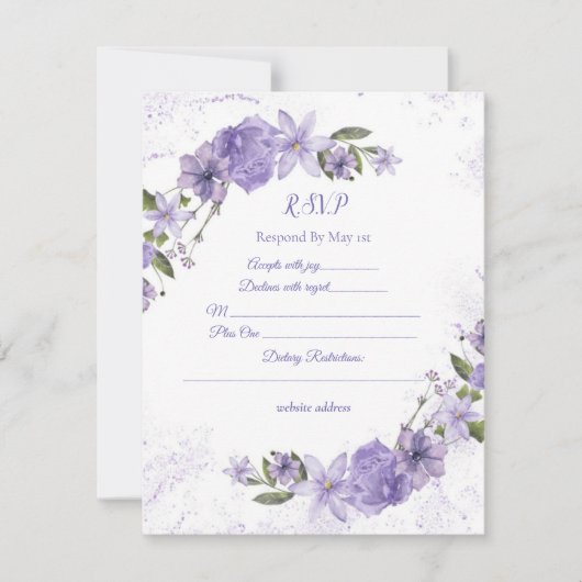 Paarse Floral Wedding RSVP Kaartje (Voorkant)