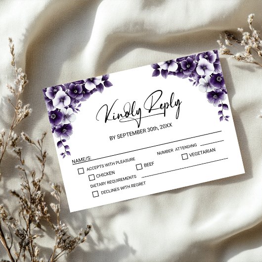 Paarse Floral Wedding RSVP Kaartje