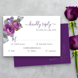 Paarse Floral Wedding RSVP met maaltijdopties