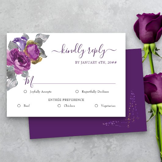 Paarse Floral Wedding RSVP met maaltijdopties