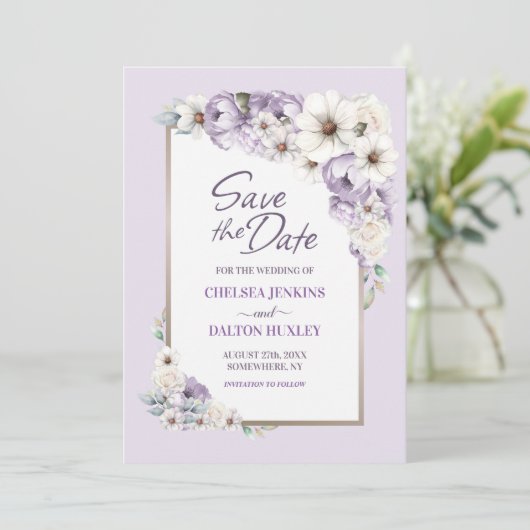 Paarse Floral Wedding Save the Date (Staand voorkant)