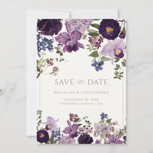Paarse Floral Wedding Save the Date (Voorkant)