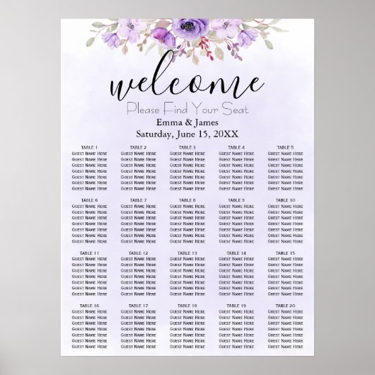 Paarse Floral Wedding Seating Chart Poster (Voorkant)