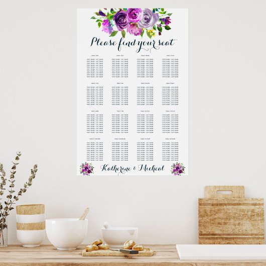 Paarse Floral Wedding Seating Chart Poster (Keuken)