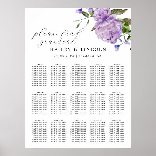 Paarse Floral Wedding Seating Chart Poster (Voorkant)