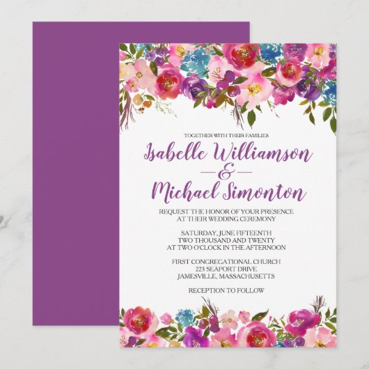 Paarse Floral Wedding Sjabloon Kaart (Voorkant / Achterkant)