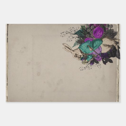 Paarse Floral White Rabbit Alice in Wonderland Inpakpapier Vel (Voorkant)
