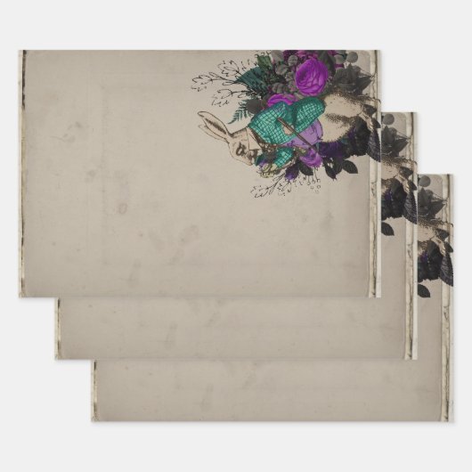 Paarse Floral White Rabbit Alice in Wonderland Inpakpapier Vel (Set)