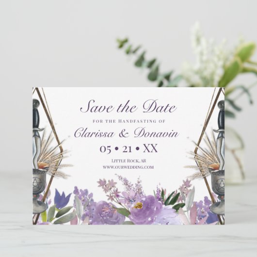 Paarse Floral Wiccan Rite of Union Handfasting Save The Date (Staand voorkant)