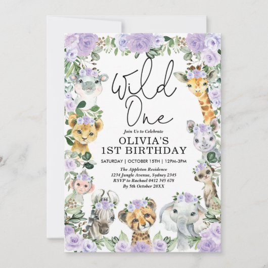 Paarse Floral Wild Eén Oerwoud Safari Birthday Gir Kaart (Voorkant)