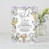 Paarse Floral Wild Eén Oerwoud Safari Birthday Gir Kaart (Staand voorkant)