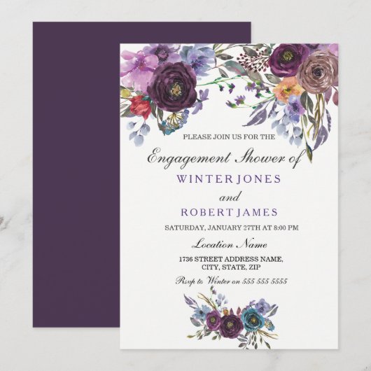 Paarse Floral Winter Wedding Enagment Shower Kaart (Voorkant / Achterkant)