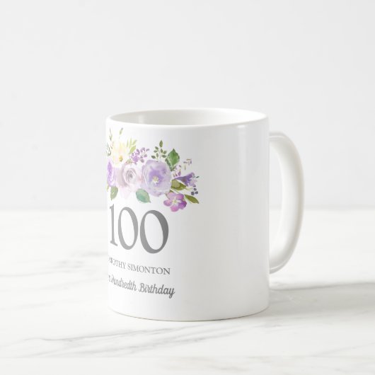  Paarse Floral Womans 100th Birthday Gift Koffiemok (Voorkant rechts)