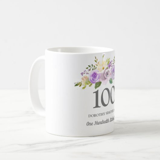  Paarse Floral Womans 100th Birthday Gift Koffiemok (Voorkant links)