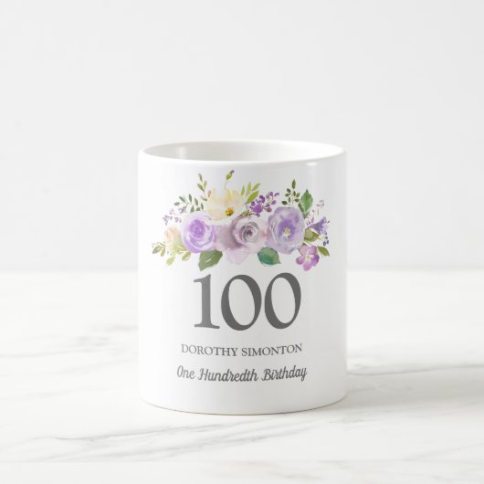  Paarse Floral Womans 100th Birthday Gift Koffiemok (Center)
