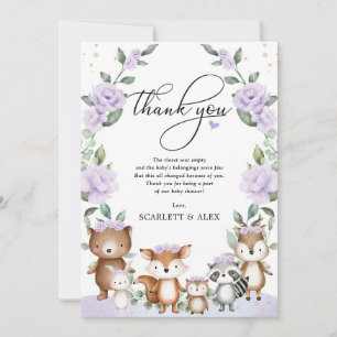 Paarse Floral Woodland Greenery Animal Baby shower Bedankkaart