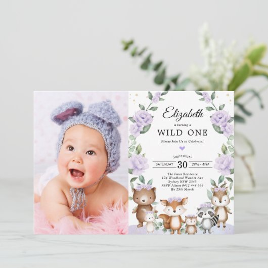Paarse Floral Woodland Wild Eén verjaardag Kaart (Staand voorkant)