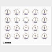Paarse Floral Wreath Cross Baptisme Christening Ronde Sticker (Vel)