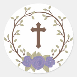 Paarse Floral Wreath Cross Baptisme Christening Ronde Sticker