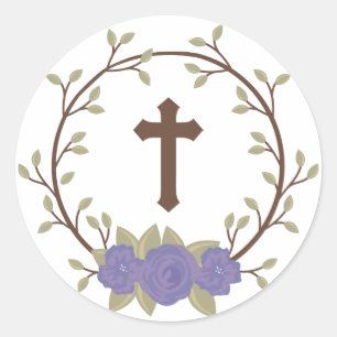 Paarse Floral Wreath Cross Baptisme Christening Ronde Sticker