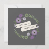 Paarse Floral Wreath Gray Wedding Kaart (Voorkant)