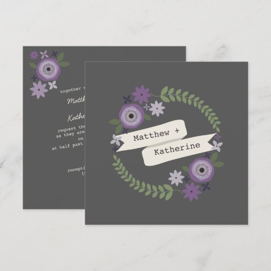 Paarse Floral Wreath Gray Wedding Kaart (Voorkant / Achterkant)