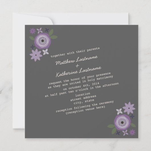 Paarse Floral Wreath Gray Wedding Kaart (Achterkant)