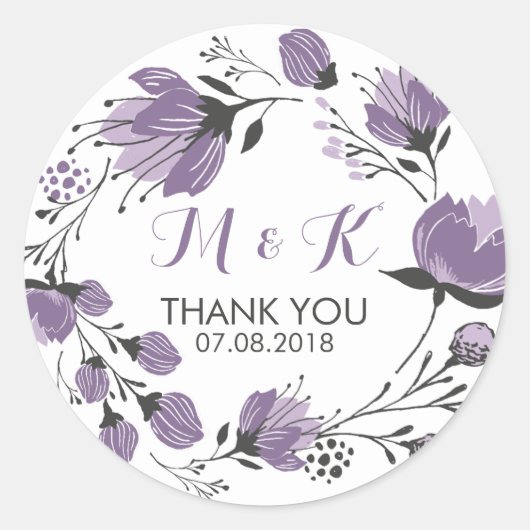 Paarse Floral Wreath Monogram Dank u Sticker (Voorkant)