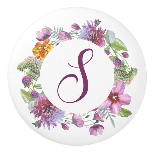 Paarse Floral Wreath Monogram Keramische Knop (Voorkant)