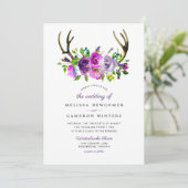 Paarse florale antiemens huwelijksuitnodiging kaart (Staand voorkant)
