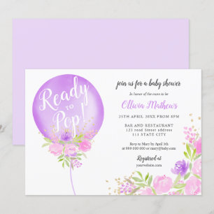 Paarse florale ballon klaar voor pop baby shower kaart