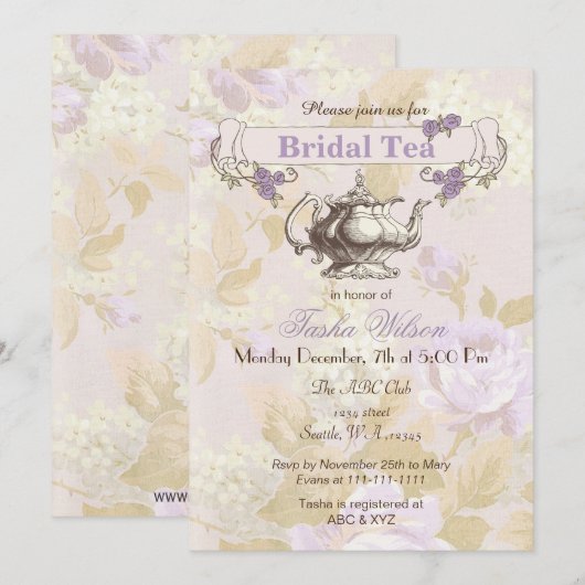 paarse florale Bridal Tea Party nodigt uit Kaart (Voorkant / Achterkant)