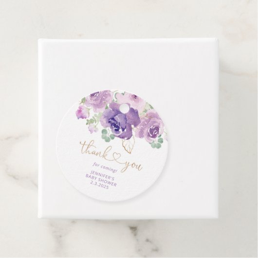 Paarse florale dank u baby shower bedankjes labels (In situ)