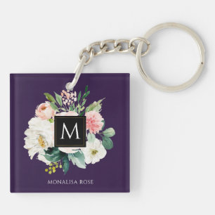 paarse florale monogram kleur sleutelhanger