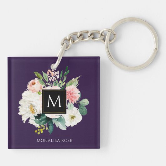 paarse florale monogram kleur  sleutelhanger (Achterkant)