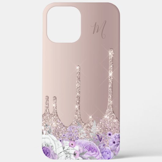 Paarse florale roos goud glitter druppelt monogram Case-Mate iPhone case (Achterkant)