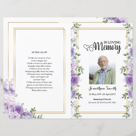 Paarse florale sjabloon van het Funeral Program (Voorkant / Achterkant)
