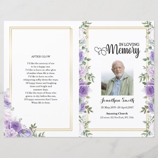 Paarse florale sjabloon van het Funeral Program (Voorkant)