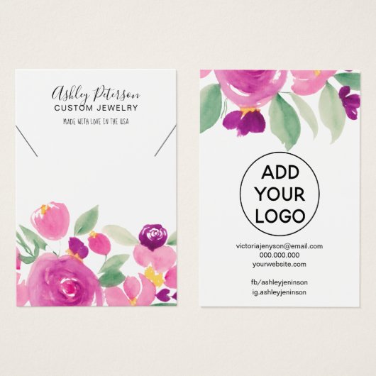Paarse florale waterverf sierjuwelen ketting visitekaartje (Voorkant /achterkant)