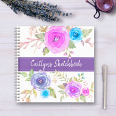 Paarse florale waterverf sketchbook scriptnaam notitieboek