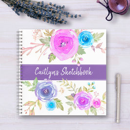 Paarse florale waterverf sketchbook scriptnaam notitieboek