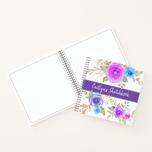 Paarse florale waterverf sketchbook scriptnaam notitieboek (Binnen)