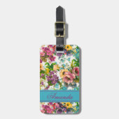  paarse florale witte patroonmonogram bagagelabel (Voorkant verticaal)