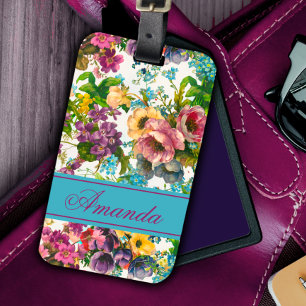 paarse florale witte patroonmonogram bagagelabel