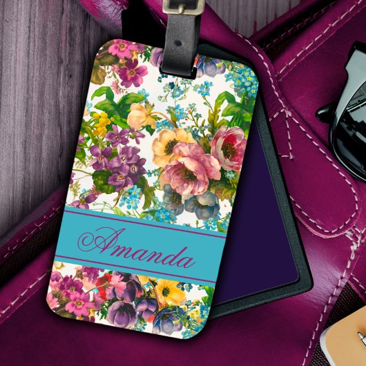 paarse florale witte patroonmonogram bagagelabel