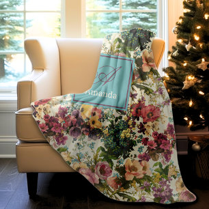 paarse florale witte patroonmonogram fleece deken