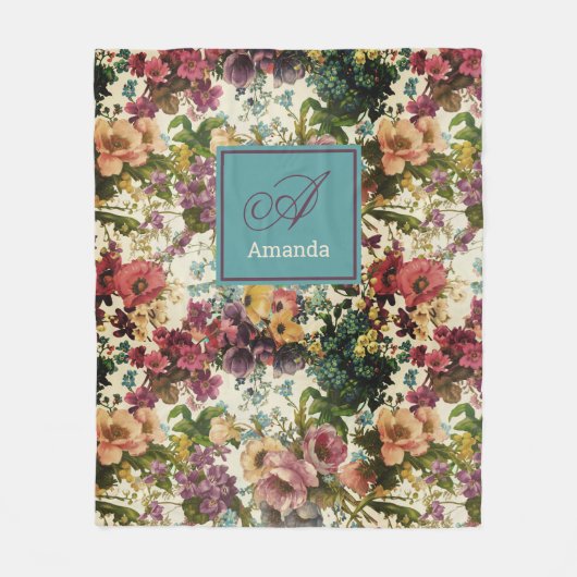 paarse florale witte patroonmonogram fleece deken (Voorkant)