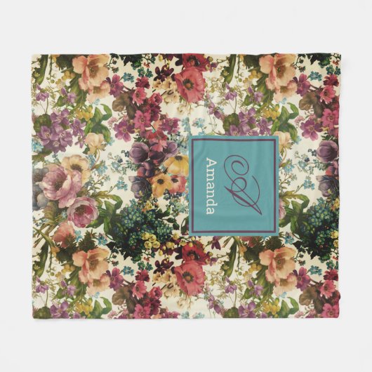  paarse florale witte patroonmonogram fleece deken (Voorkant (Horizontaal))