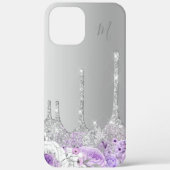 Paarse florale zilverglitter druppelt monogram Case-Mate iPhone case (Achterkant)
