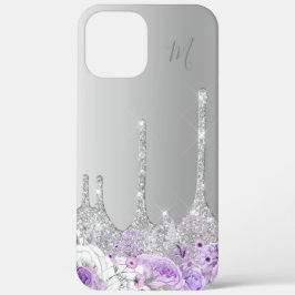 Paarse florale zilverglitter druppelt monogram Case-Mate iPhone case